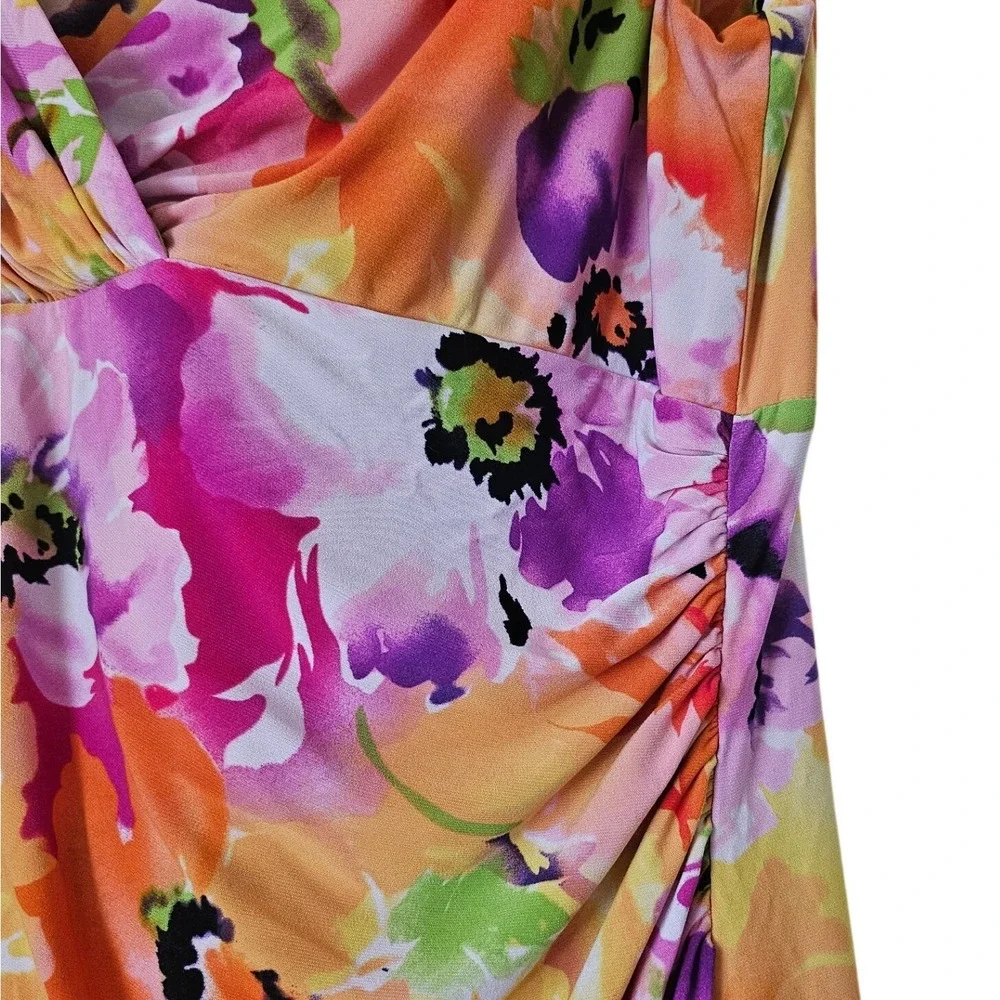 Ralph Lauren Floral Ruched Sheath‎ Dress Plus Size 16 V Neck Bold Tropical Print